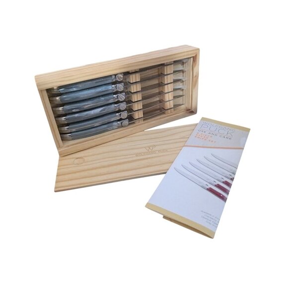 Wolfgang Puck Gray Handle 4.5 in Steak Knives Set of 6 W/ Wood Box - Picture 1 of 4